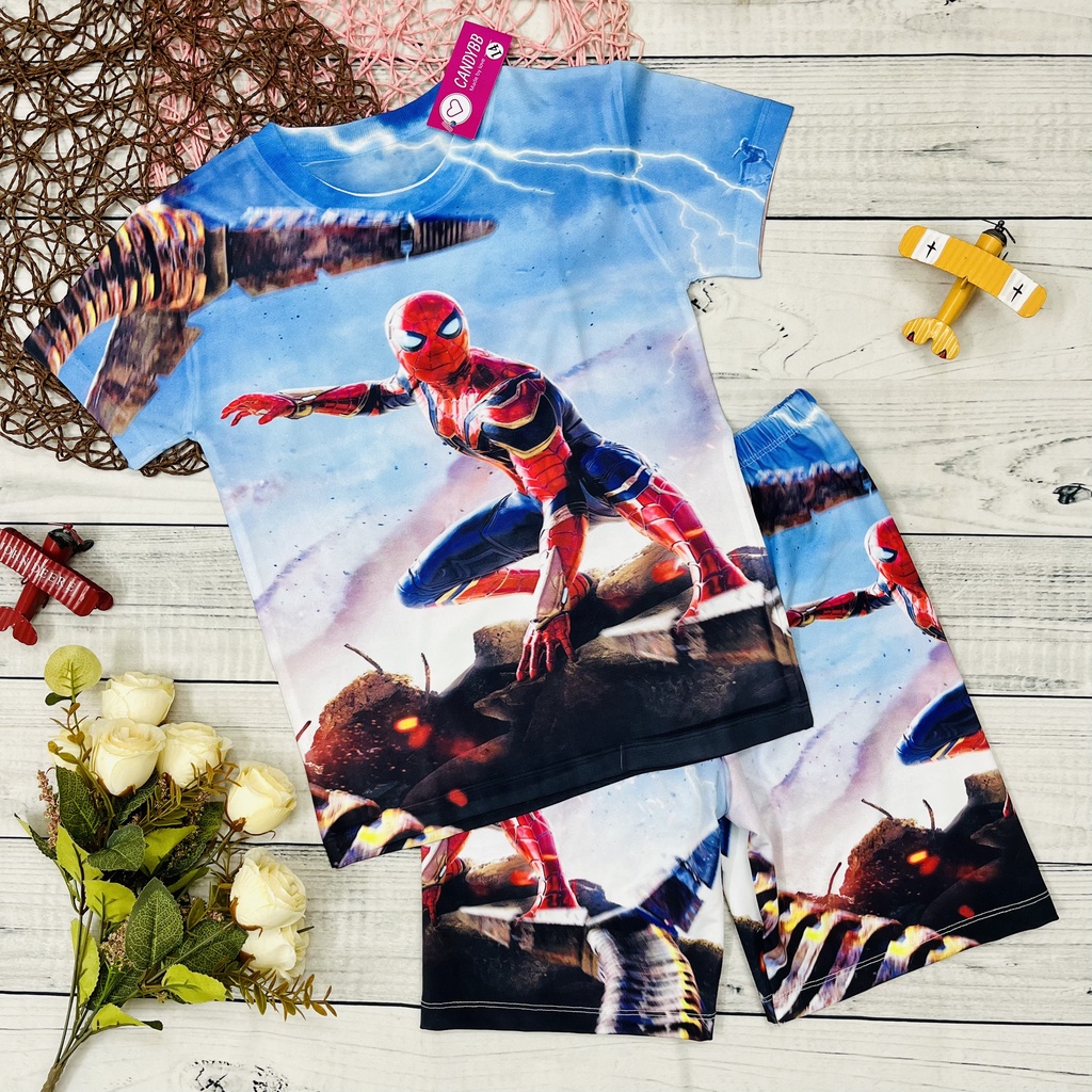 Đồ bộ bé trai, bộ thun lạnh cộc tay bé trai in 3D hình siêu nhân Người Nhện - Spider Man size đại cho bé từ 10 - 60kg