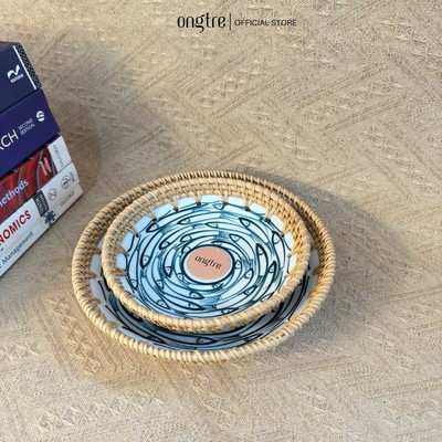 Đĩa sứ viền mây tre đan tay ONGTRE trang trí tiệc, decor, đựng đồ, mẫu độc đáo - Mẫu hoa ngẫu nhiên