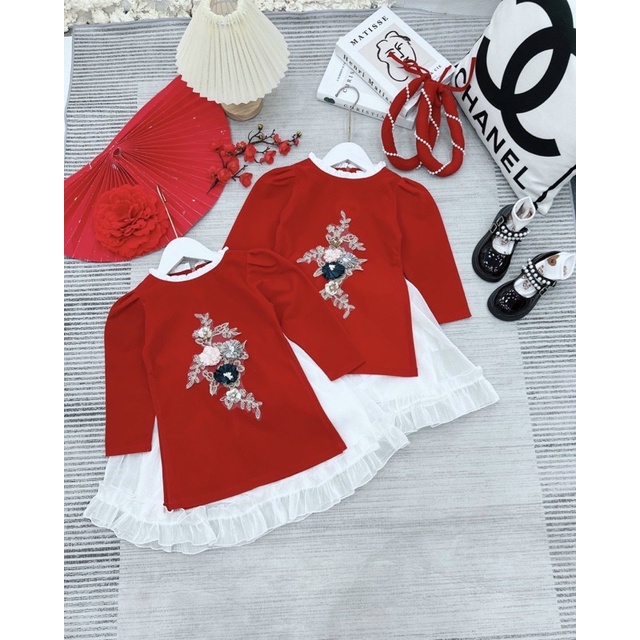 Áo dài nhung hoa đá xinh cho bé gái