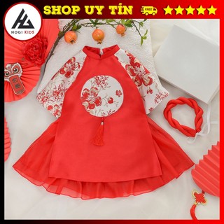 Áo dài bé gái phối gấm hoa đào 2 màu đỏ hồng , sét áo dài trẻ em size - Hogi Clothing