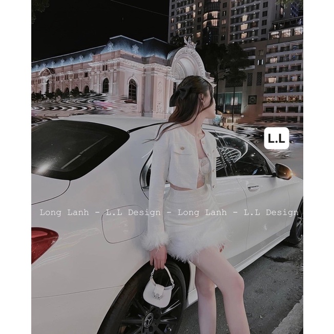 Set dạ chân váy kèm áo khoác phối lông vũ chuẩn form hàng thiết kế