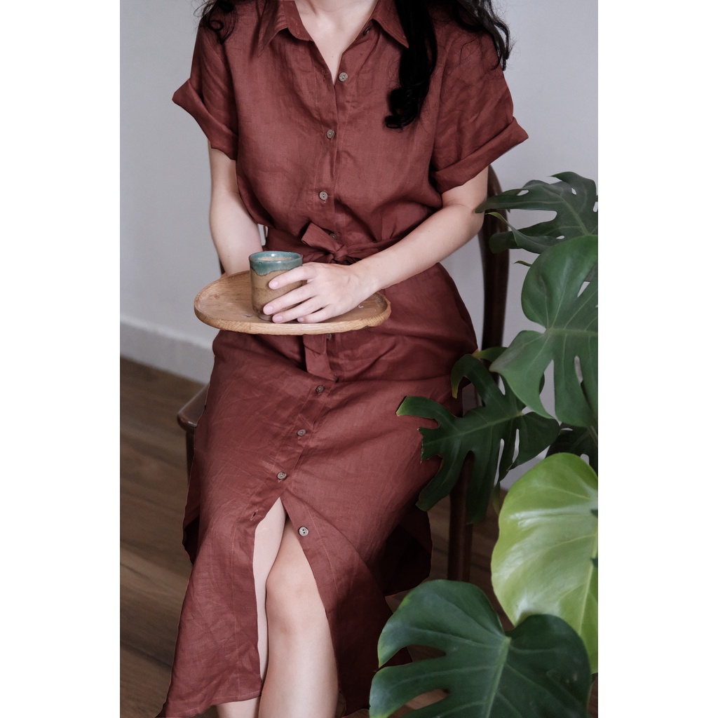 Đầm sơ mi Linen tưng nữ tay ngắn thời trang Linen
