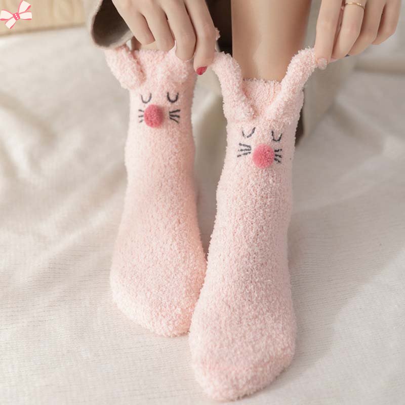 Đôi Vớ Lông Cừu San Hô Dày Giữ Ấm Mùa Thu Đông In Hình Thỏ Hoạt Hình Nhật Bản Cho Nữ