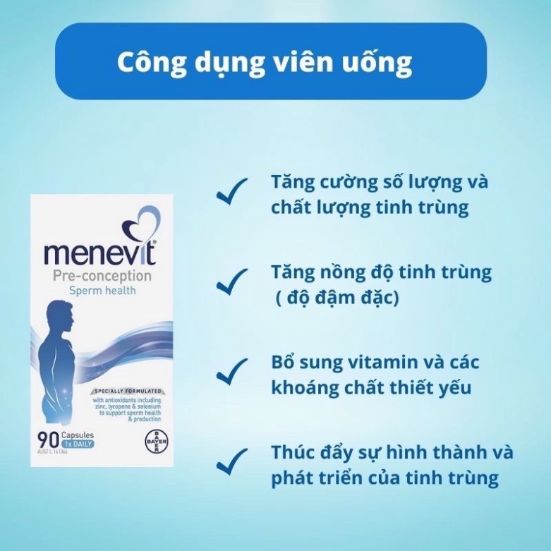 [Cam kết chuẩn Auth] Viên uống MENEVIT- Viamin cho nam giới 30/90 viên của Úc,  tăng chất lượng, số lượng tinh trùng -Ch