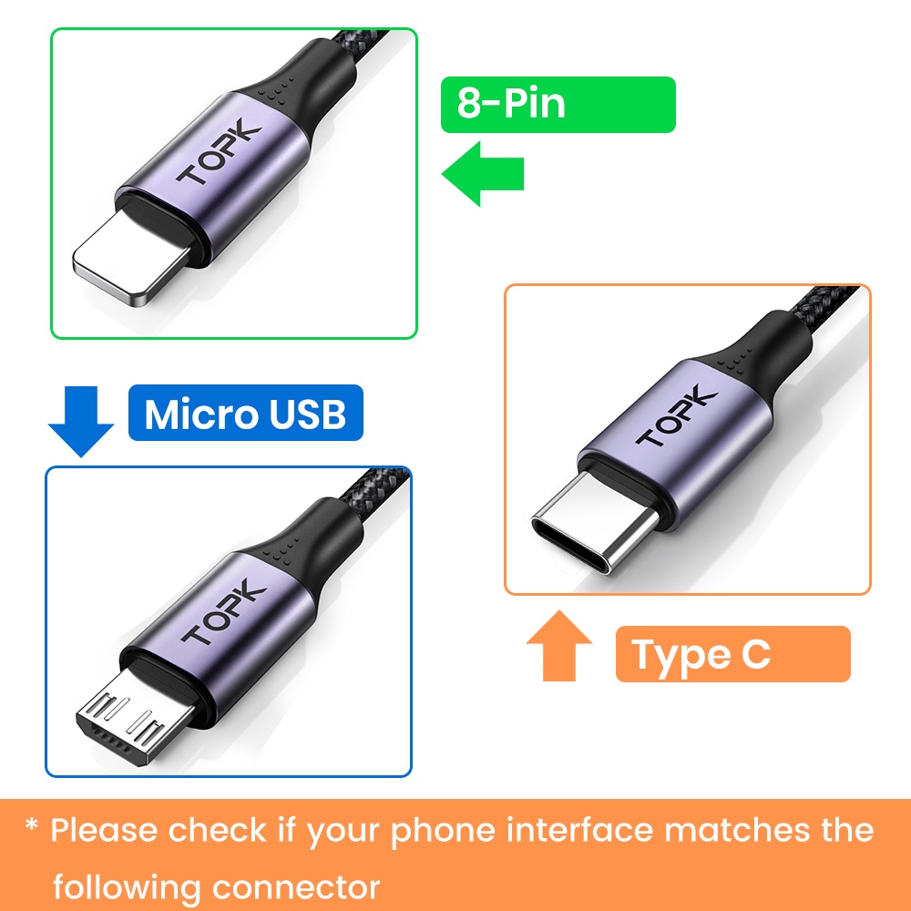 Cáp Sạc TOPK AN10 3A QC3.0 1M Micro USB Type C Chất Lượng Cao Cho iPhone