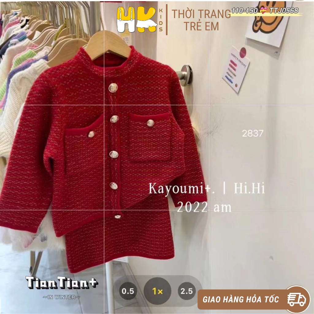 Sét len đỏ gồm áo len và chân váy cho bé gái HK KIDS xinh xắn thời trang cho bé diện tết sz 5-12 tuổi (mã 2851)