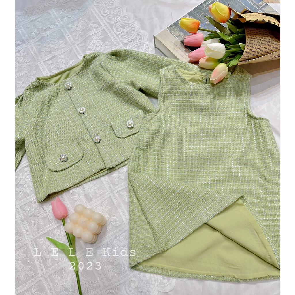 (chính chủ) Set áo dạ+ váy màu xanh bơ hot hit hàng 2 lớp siêu đẹp cho bé gái 8-20kg