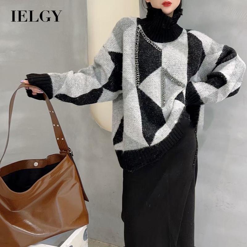 IELGYÁo sweater Dệt Kim Cổ Lọ Họa Tiết Kẻ Sọc Màu Sắc Thời Trang Cho Nữ