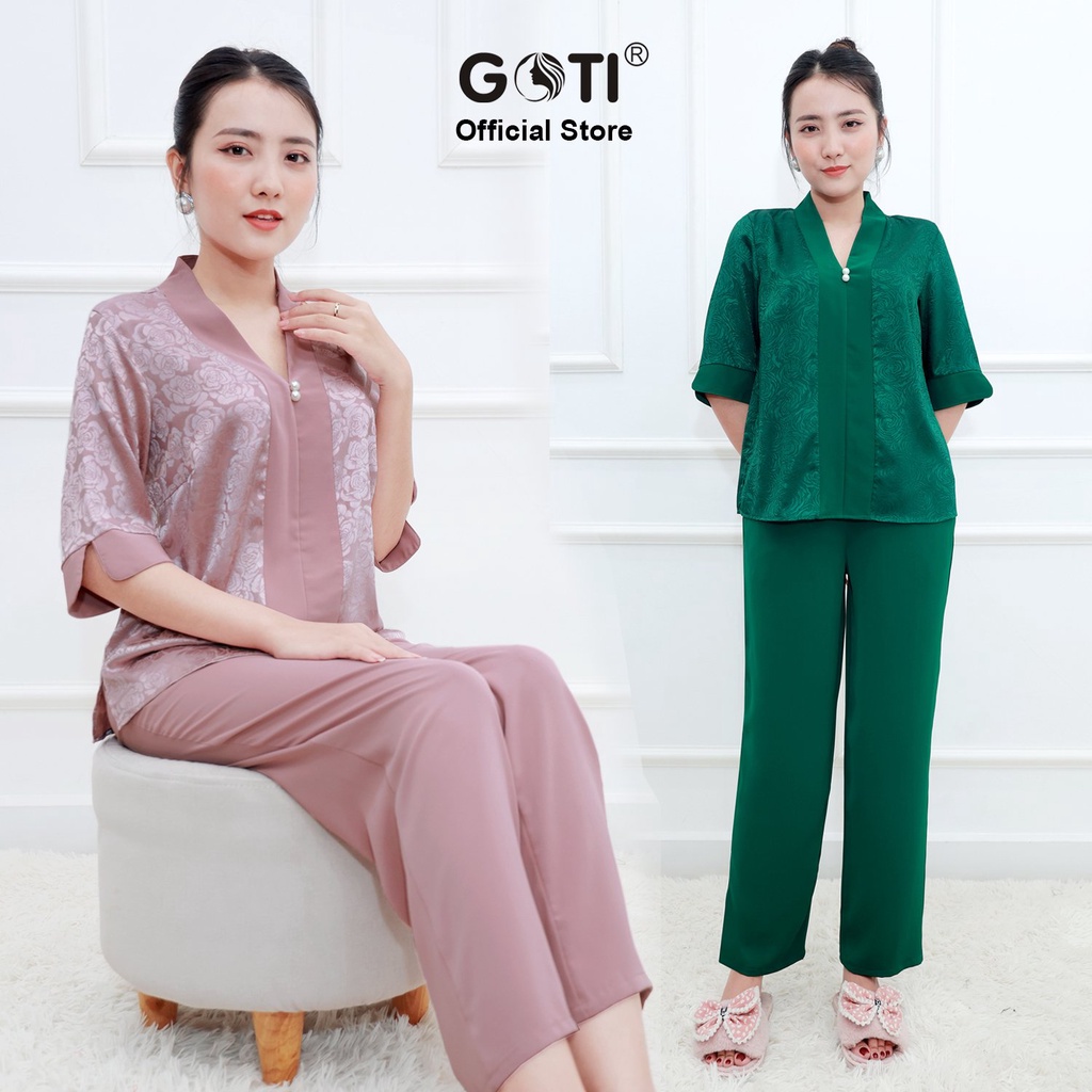 Đồ Bộ Trung Niên GOTI Mặc Lễ Tết Sang Trọng Chất Gấm Cao Cấp Cổ Chui Tay Lững Có Túi Pijama Lụa Cho Mẹ 3359 3360