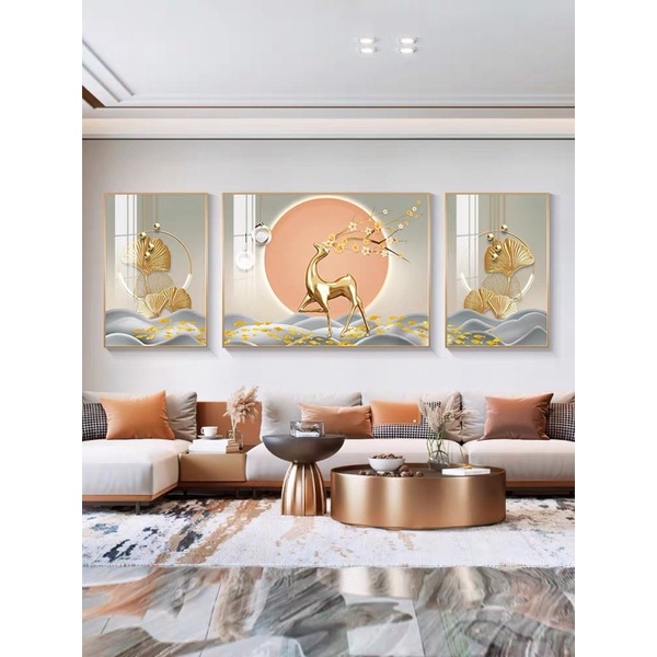 Bộ 3 Tranh Treo Tường Tráng gương Phòng Khách/ Ngủ/ Phòng ăn/ Nhà Nghỉ Hươu Nai Lông Vũ hiện đại