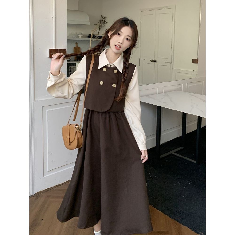 🎀váy babydoll dáng dài váy mùa đông cho nữ váy dài Đầm Dài Tay Giả Hai Lớp Phong Cách Hàn Quốc Thanh Lịch Dành Cho Nữ