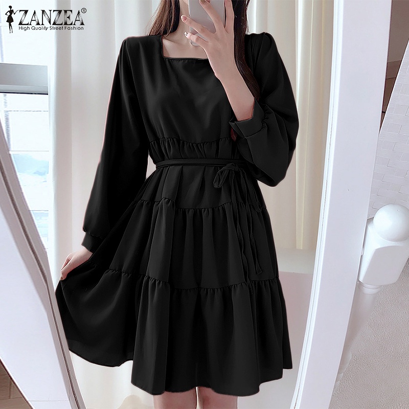 Đầm nữ ZANZEA dài tay cổ vuông nhiều lớp thời trang