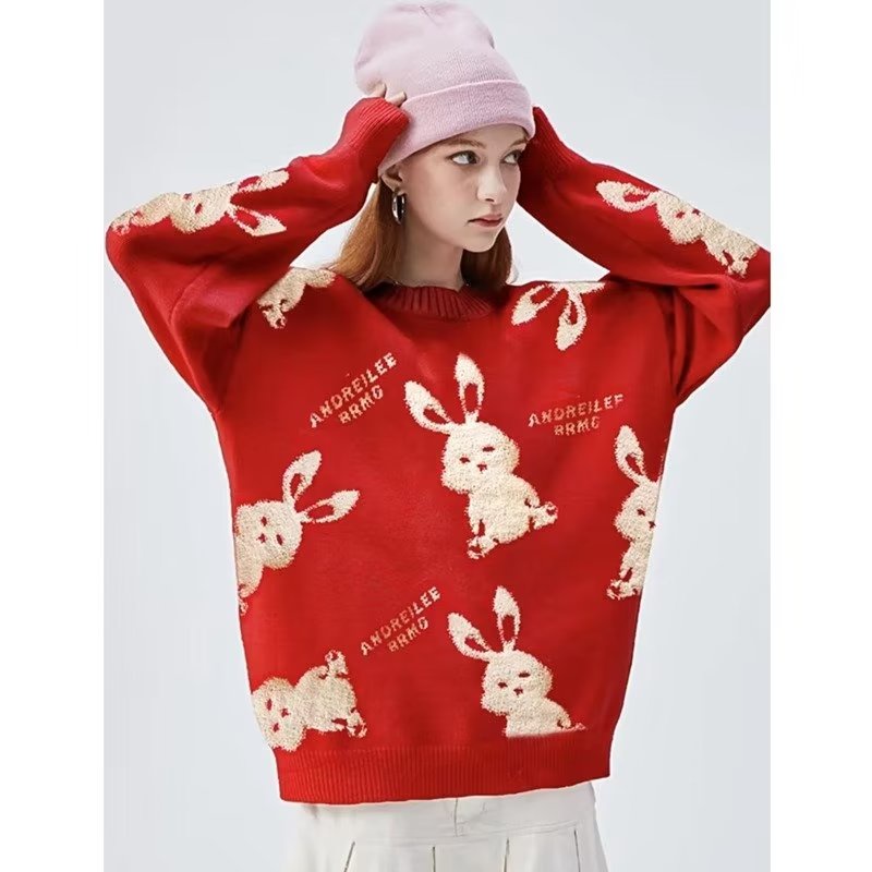 Áo Sweater Màu Đỏ In Hình Thỏ Phong Cách Trung Hoa Cho Cặp Đôi
