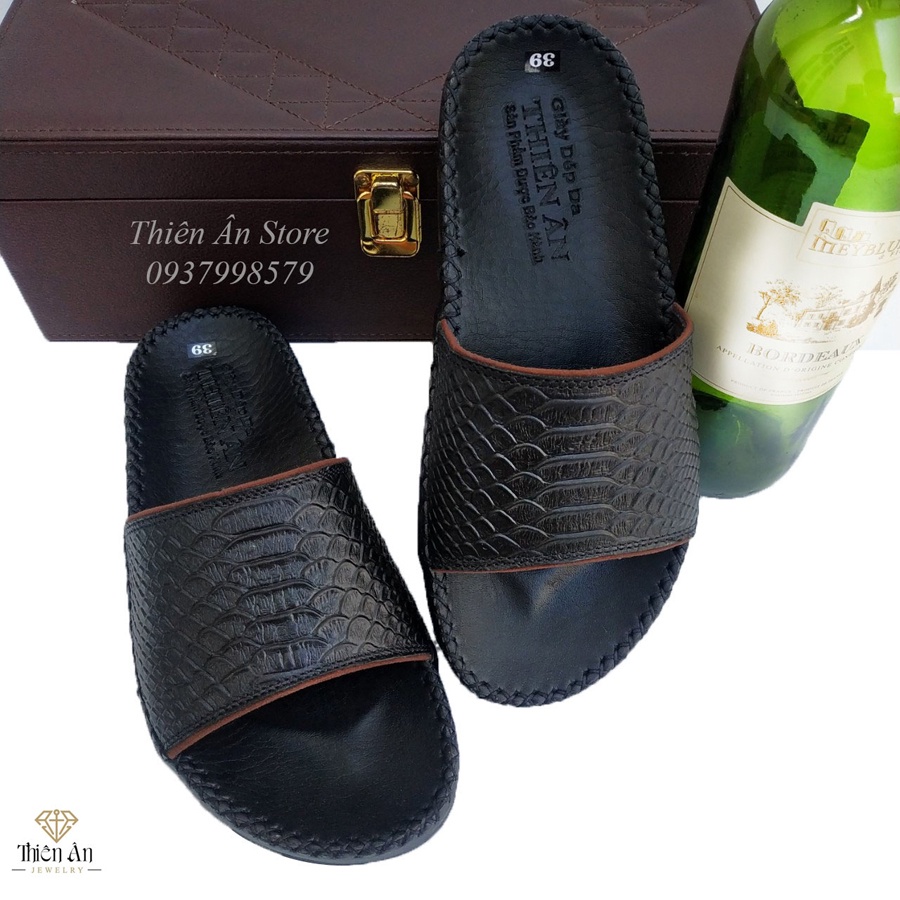 Dép da nam quai ngang chữ h da bò thật,màu Đen sang trọng đế cao 2,5cm AT28