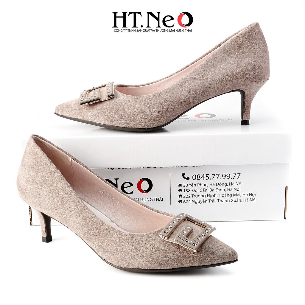 Giày cao gót HT.NEO Thiết kế Da lộn mũi nhọn, đế cao 3 cm, nơ chữ cực xinh CS233