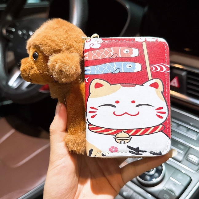 Ví ngắn cầm tay thiết kế 3 nếp gấp họa tiết mèo thần tài năm quý mão 2023