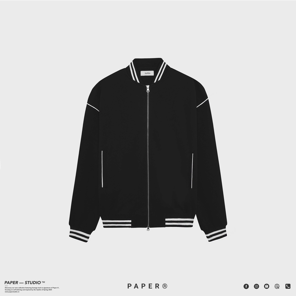 [PAPER STUDIO] Áo khoác jacket nam dáng Bomber đen phối viền trắng cổ trụ bo thun kẻ sọc