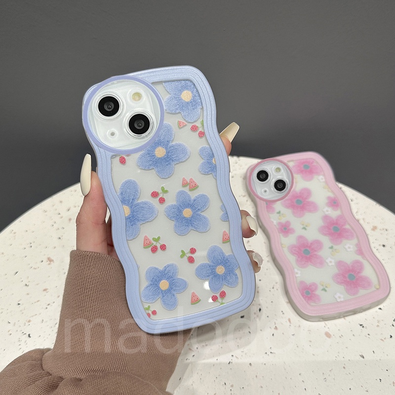 Samsung Galaxy A54 A34 A24 A14 A04 A12 A23 A73 A53 A52 A52S A33 A32 A72 A22 A13 4G 5G A03S A02S A11 A02 A03 A51 A50 A50S A30S A20 A30 A20S A10S A21S M12 M22 M32 M11 M02 Cute Strawberry Blue Pink Flower Waves Edge Shockproof TPU Soft Clear Phone Case BW 33