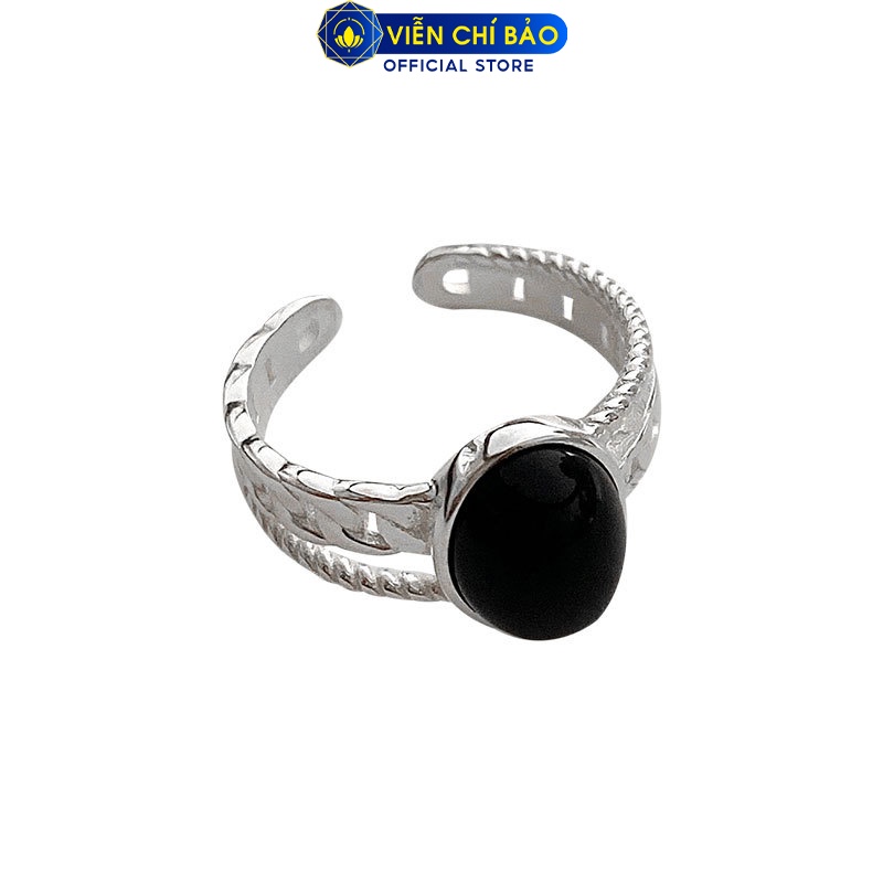 Nhẫn bầu dục đá đen viền xích chất liệu bạc Thái 925 thời trang phụ kiện trang sức nữ Viễn Chí Bảo N000146