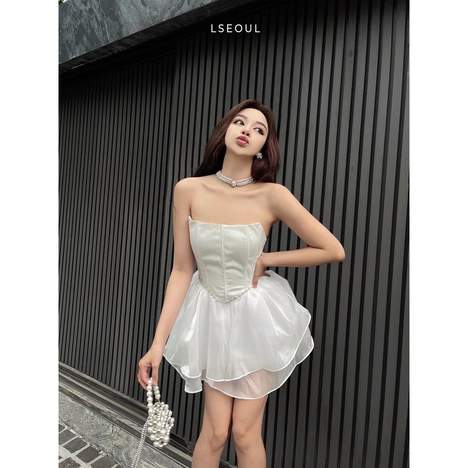 ĐẦM ỐNG CÚP NGỰC VIỀN CƯỜM EO XOÈ PHỐI VOAN 2 MÀU ĐEN / TRẮNG ANGI HOME
