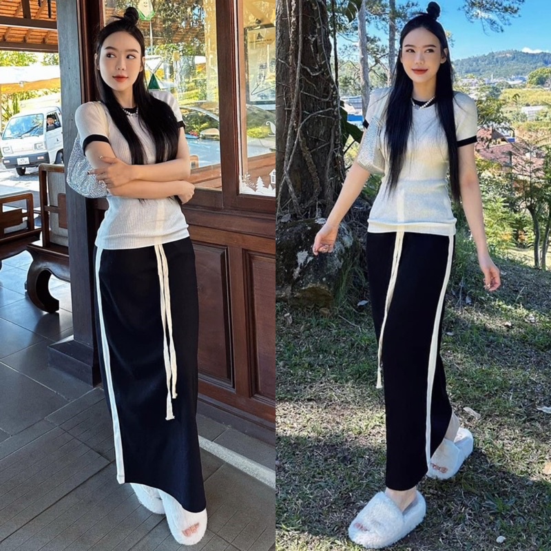 SET ÁO THUN KÈM CHÂN VÁY MIDI (KÈM VIDEO HÌNH THẬT)