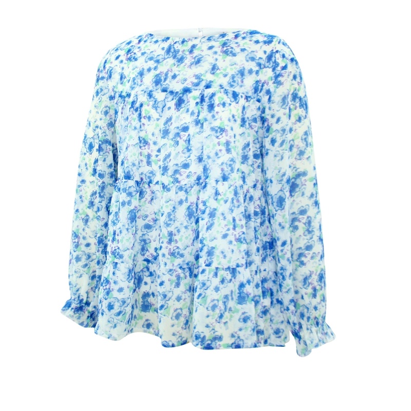 Xiangbao Áo Thun Tay Dài Phồng Cổ Tròn In Hoa Viền Xếp Nếp Thời Trang Mùa Thu Cho Nữ