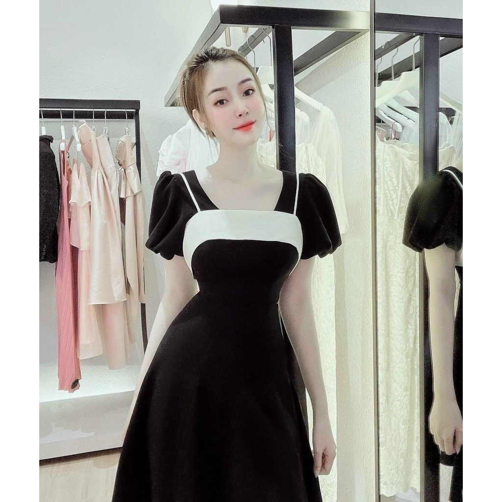 (Sale FreeShip) Đầm đen tay phồng dáng xòe,đầm nữ phối màu cực xinh,chất nhung cao cấp diện đi đâu cũng xuất sắc