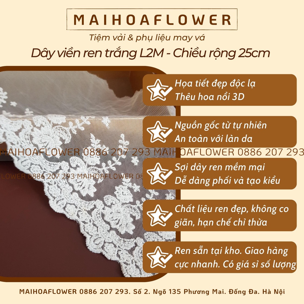 Cuộn dây viền vải ren lưới rộng 25cm L2M dùng trang trí váy áo và decor đồ vật, Maihoaflower