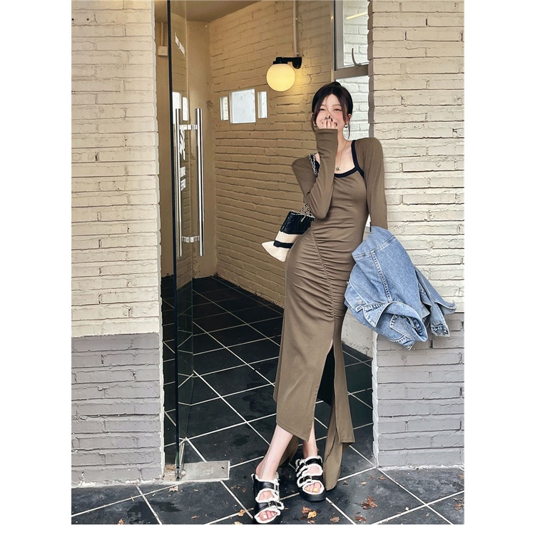 ZHELIHANGFEI Váy vuông tay dài cổ vuông không xẻ tà eo gợi cảm váy ôm sát hông bé gái dài váy dài