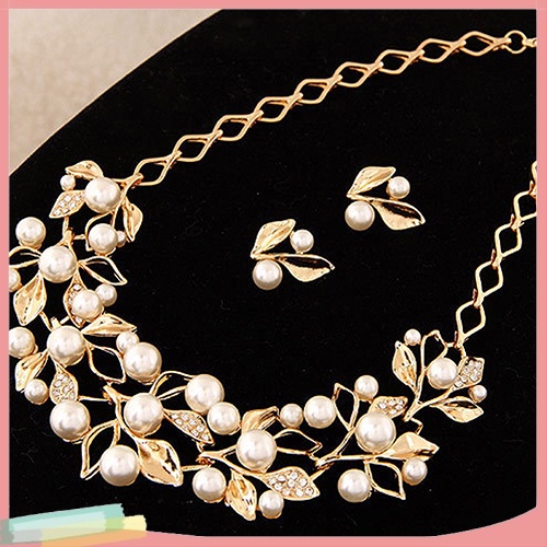 Set vòng cổ + bông tai hình lá đính ngọc trai giả sang trọng