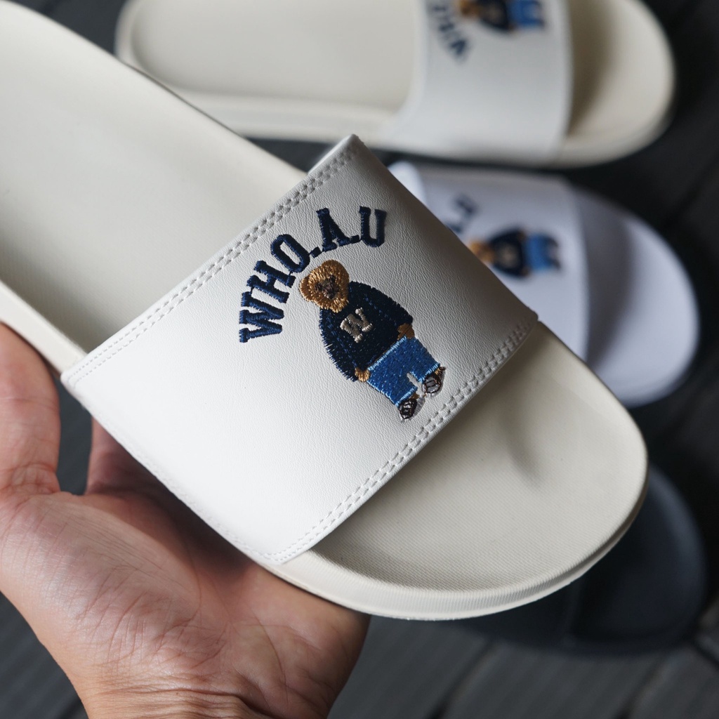 Dép nữ quai ngang Gấu WHOAU, hình thêu trên quai, êm chân, đẹp, không trơn, dễ phối đồ, có thể mua làm quà tặng