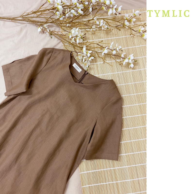 Đầm Suông Linen Thêu Hoa Màu Nâu TYMLIC