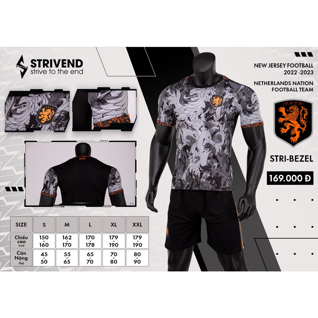 Quần áo bóng đá đội tuyển Hà Lan Đen Fantasy SS22 ,Chất liệu vải mè hình thoi cao cấp Strivend