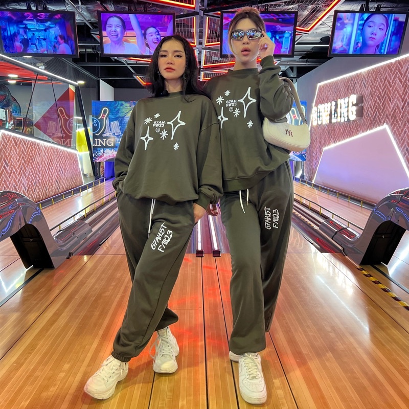 Set nỉ chân cua sweater và quần dài xanh rêu FW23 67AH