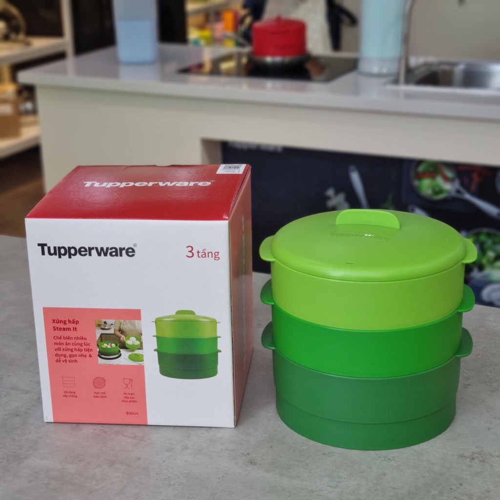 Xửng hấp xanh lá 3 tầng Tupperware Steam It giữ áp suất giúp hấp xôi hải sản tôm ốc gà chín nhanh chóng và dễ dàng