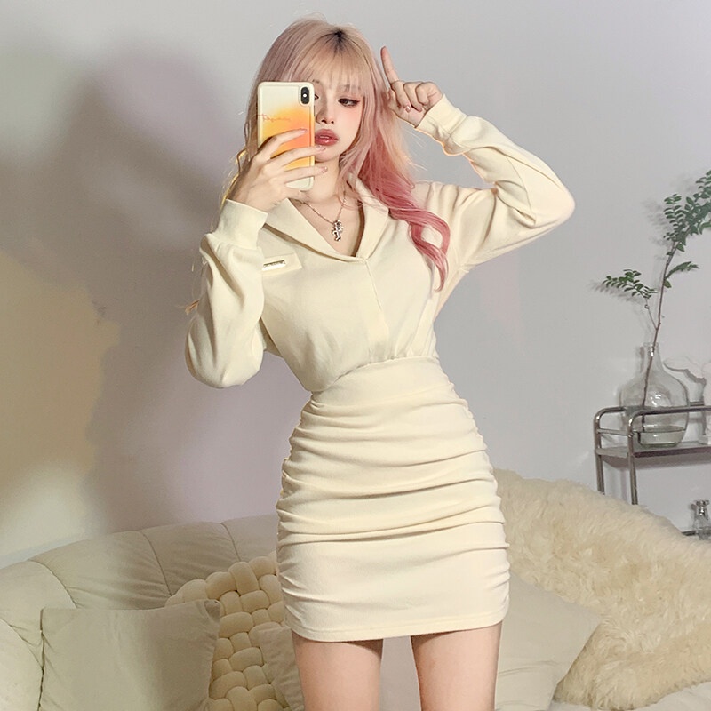 Đầm WEIRD PUSS tay dài cổ chữ V ôm dáng vừa vặn màu trơn thời trang thu đông xinh xắn dành cho nữ