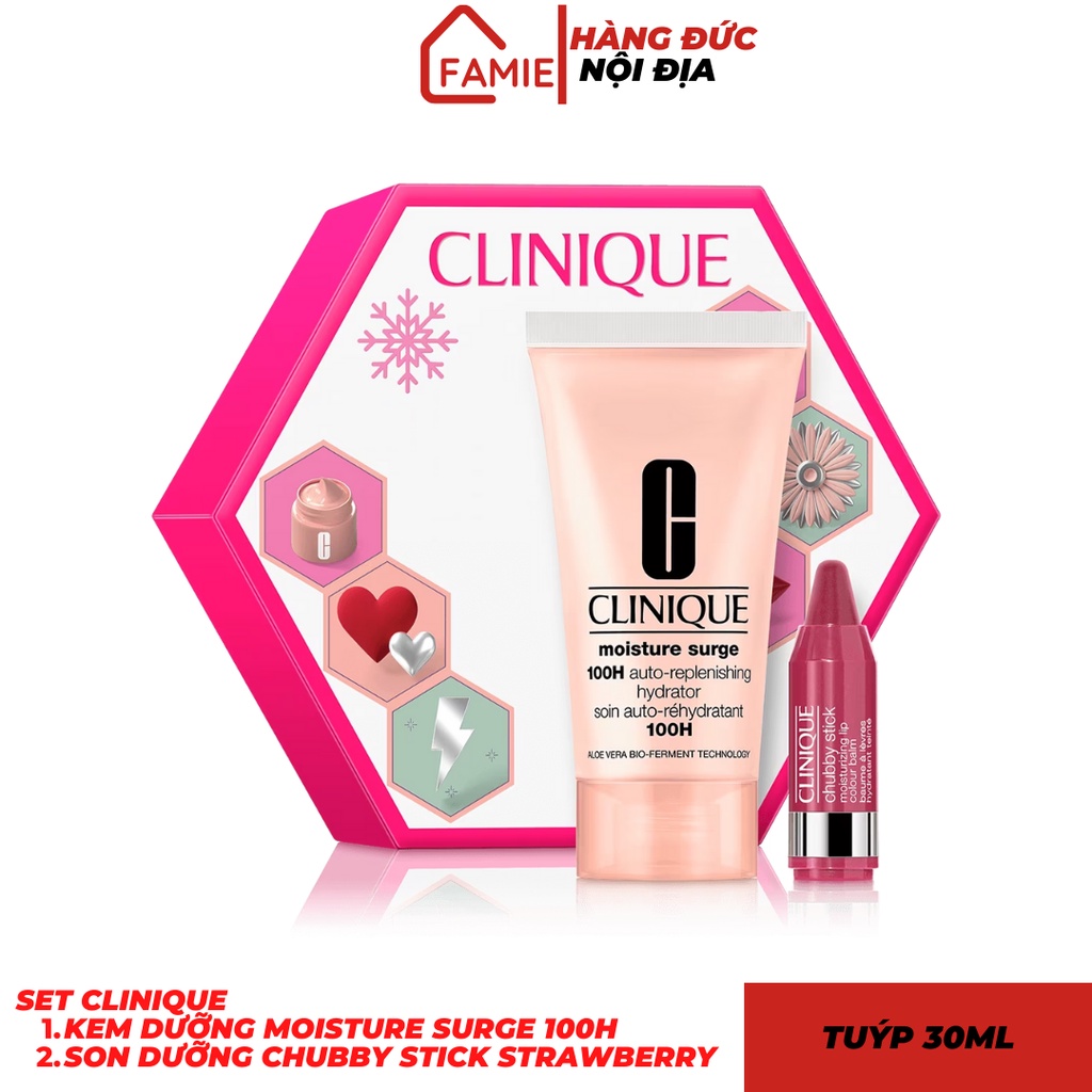 Set Clinique gồm Kem Dưỡng Moisture Surge 100h - tuýp 30ml & Son dưỡng Chubby Stick Strawberry - Hàng Đức