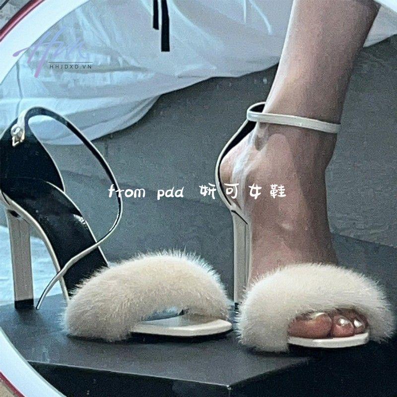 Sandal Cao Gót Một Đường Lông Chồn Cao Gót Mũi Vuông Màu Trắng Thời Trang Thu Đông Mới 2022 Dành Cho Bạn Nữ