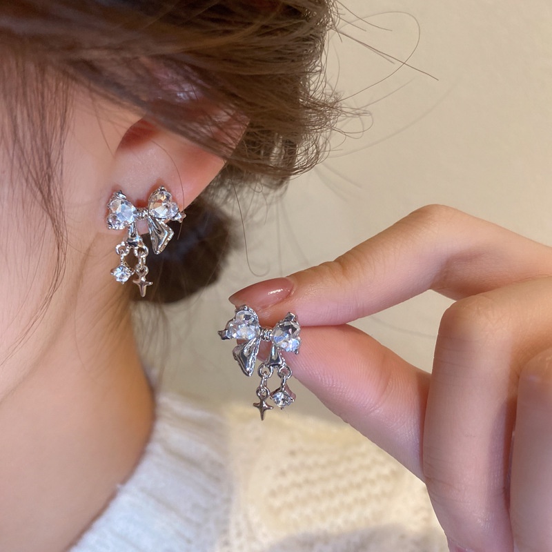 Bông Tai Mạ Bạc Hình Nơ Đính Kim Cương Giả Phong Cách Nhật Hàn