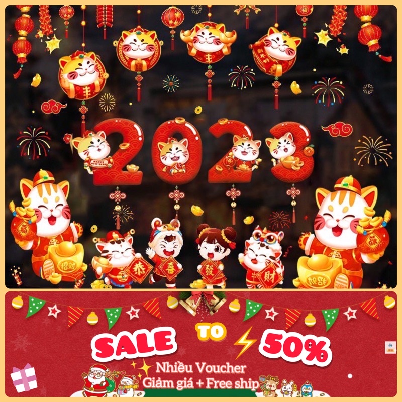 [HÀNG HOT] Decal dán tường trang trí tết - Tranh dán tường trang trí tết, năm mới có keo sẵn
