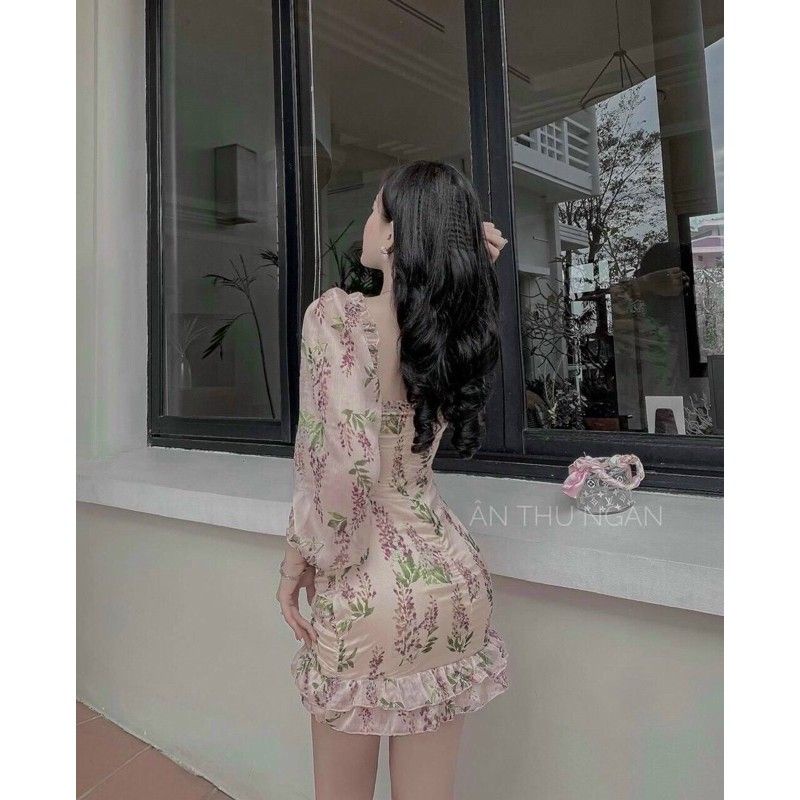 Đầm hoa nhún cổ vuông, Váy hoa nhún tay dài sành điệu, trẻ trung, sang chảnh, tay phồng làm từ lụa tơ Nhật cao cấp