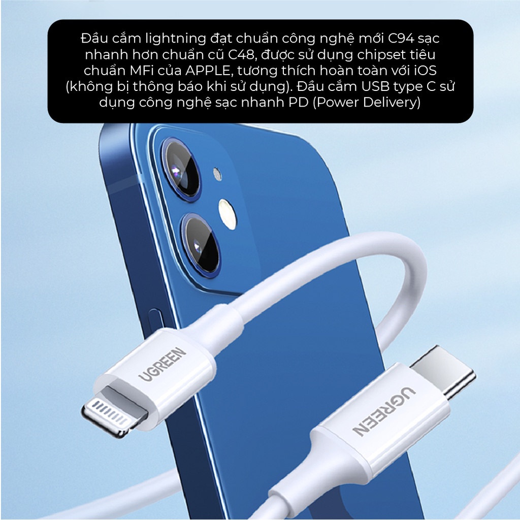 Cáp sạc USB C sang Lightning Ugreen US171 đạt chuẩn MFi 20W PD | Sạc nhanh | Tốc độ truyền 480Mbps | Bảo Hành 1 đổi 1 1