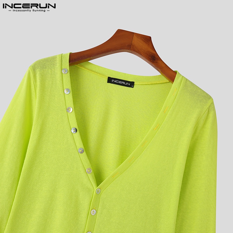 INCERUN Áo Thun Nam Dài Tay Cổ Chữ V Sâu Ôm Dáng Màu Sắc Đơn Giản