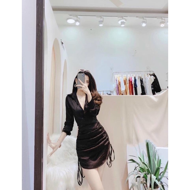 Đầm Von Lụa Hàn Quốc Cổ Bẻ Gài Nút Dáng Suông Kèm Dây Rút Hai Bên Hông TTSA2042