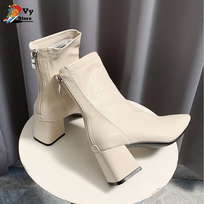 Giày Boot Da,Bốt Nữ Khoá Sau Đế Vuông Kéo Khóa