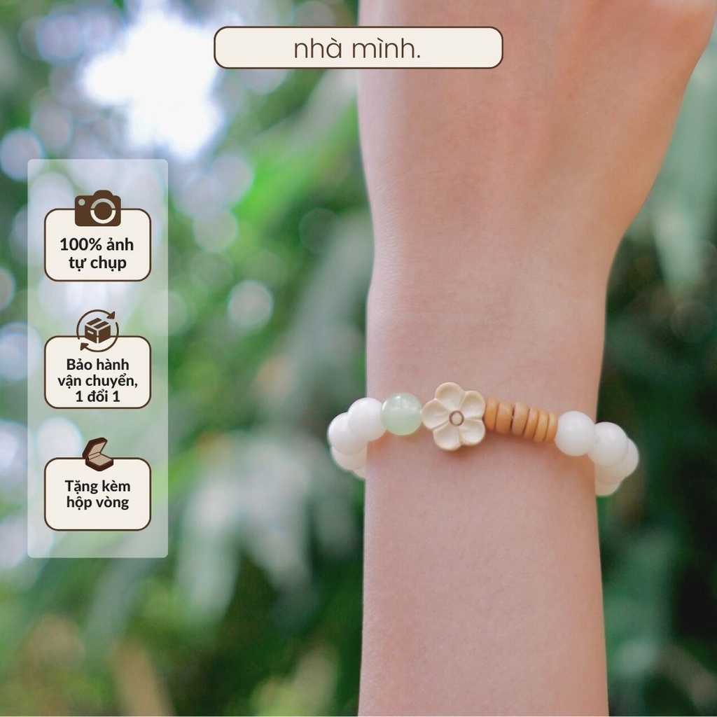 Vòng Tay Bạch Ngọc Bồ Đề Mix Charm Gỗ, Vòng Tay Nữ Dễ Thương, Làm Quà Tặng
