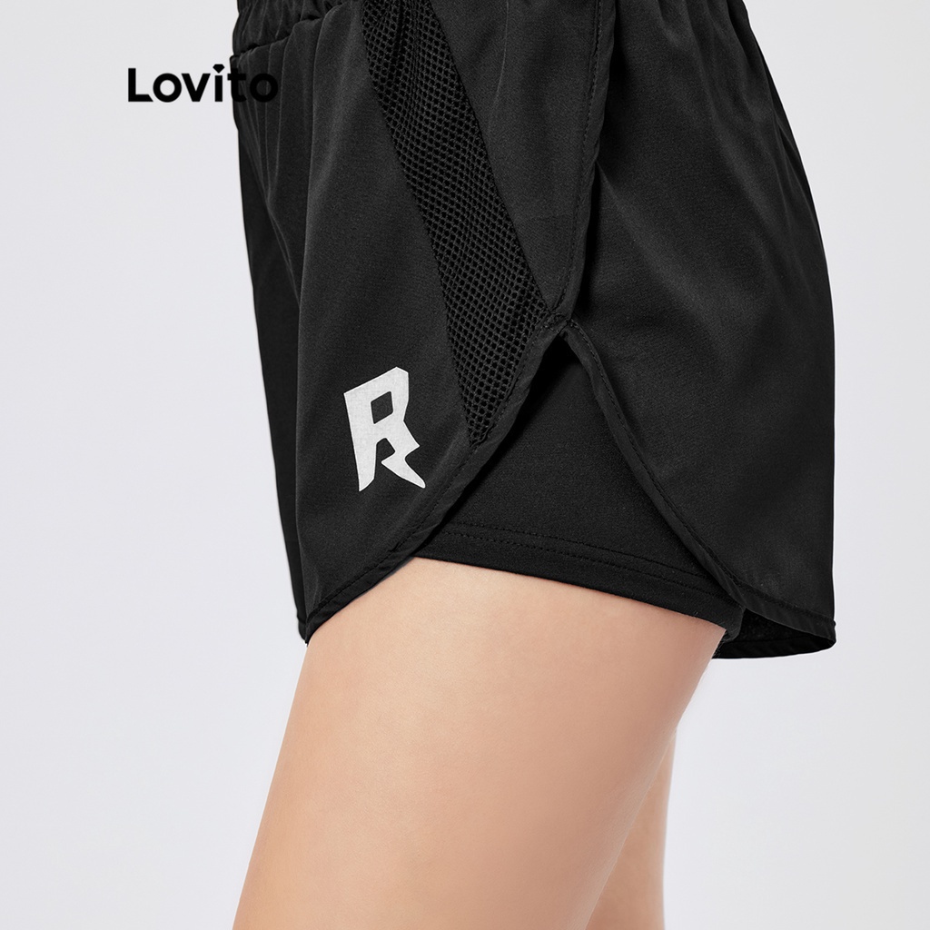 Quần short Lovito phối chữ 2 trong 1 phong cách thể thao L26AD064 (màu đen)