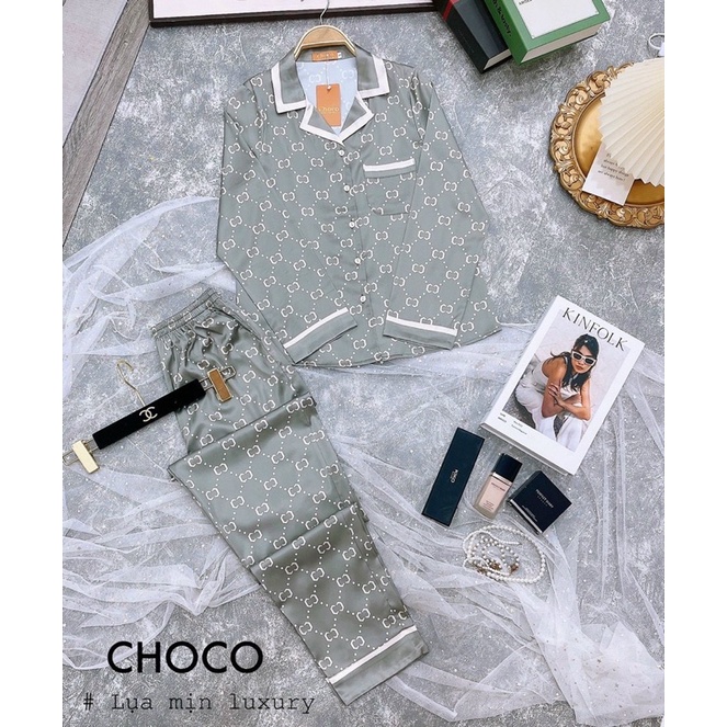 Bộ lụa gucci hãng choco áo dài tay quần dài bộ pijama cao cấp mặc nhà đẹp