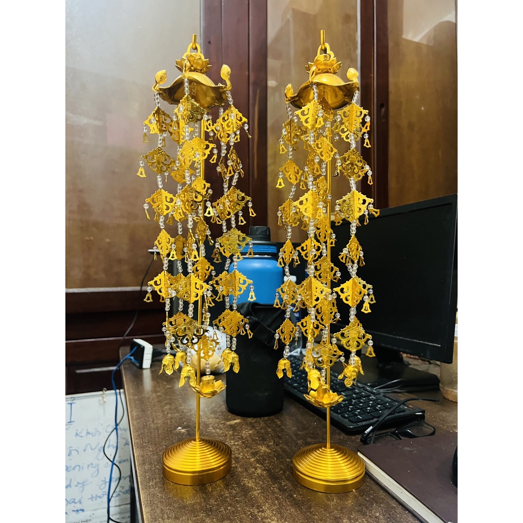 Đồ thờ cúng cặp anh lạc đồng có đế trưng bàn thờ phật văn phòng phầm Nhơn Phát