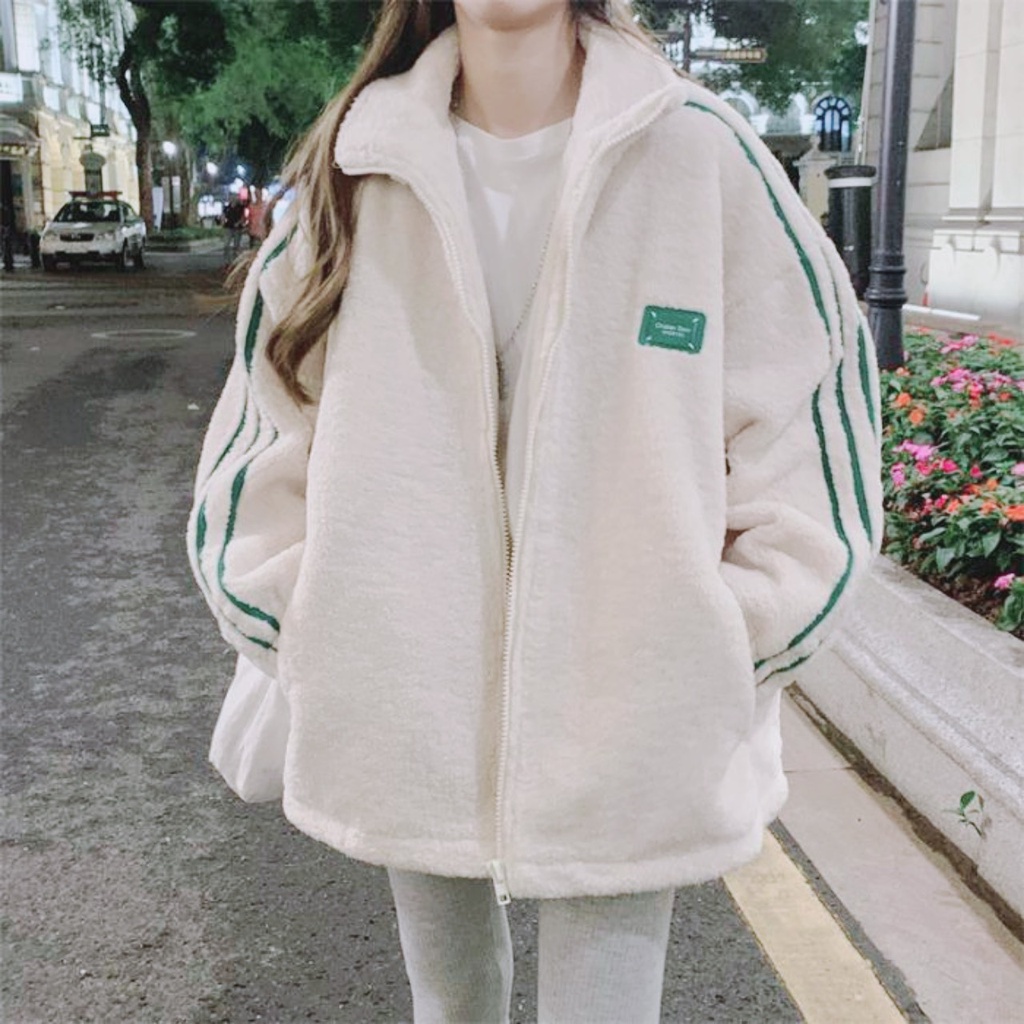 Áo Khoác Lông 3 Sọc Tay Xanh Lông Trắng, Áo Khoác Mùa Đông Cực Dày